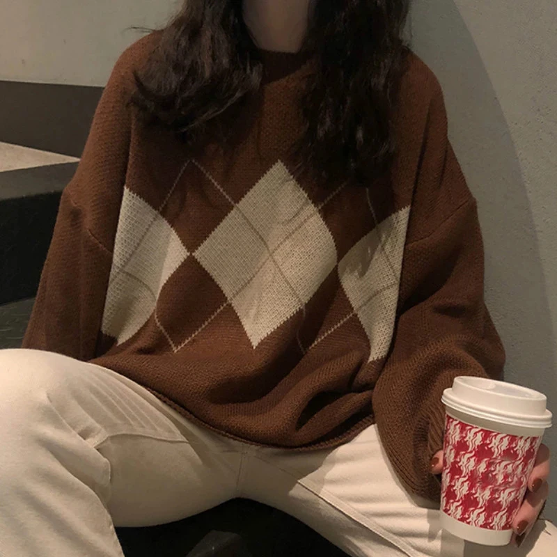 

Jumper Knitted Sweater Women Oversized Argyle Sweater Pullovers Winter Loose Sweater Korean Fashion College Style Sueter Mujer