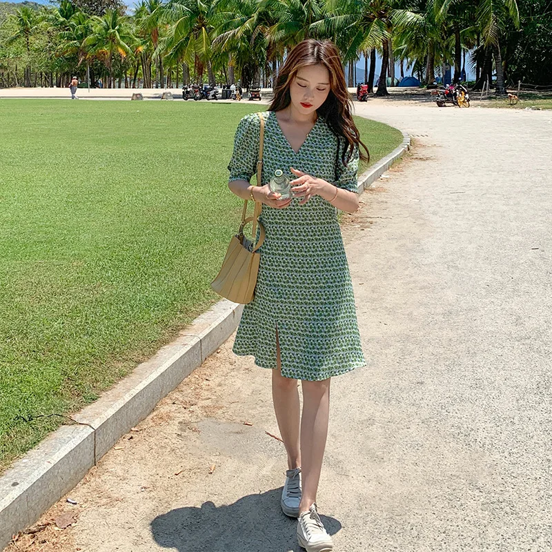 

LANMREM New Women's Midi Casual Dress Long Short Femininity V-neck Floral Temperament Loose Fit Fashion Summer 2021 2P1722