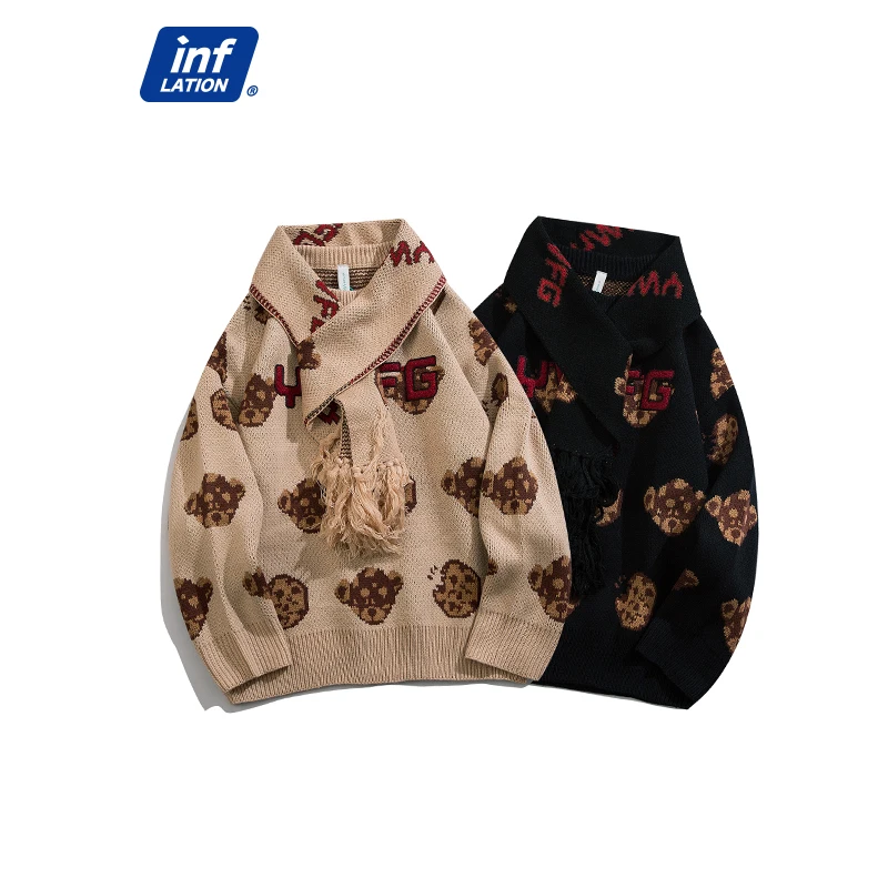 

INFLATION Vintage Cute Sweater with Scarf Men Pullover Fashion Cartoon Embroidery Oversized Sweater Men Hip Hop Knitted Pullover