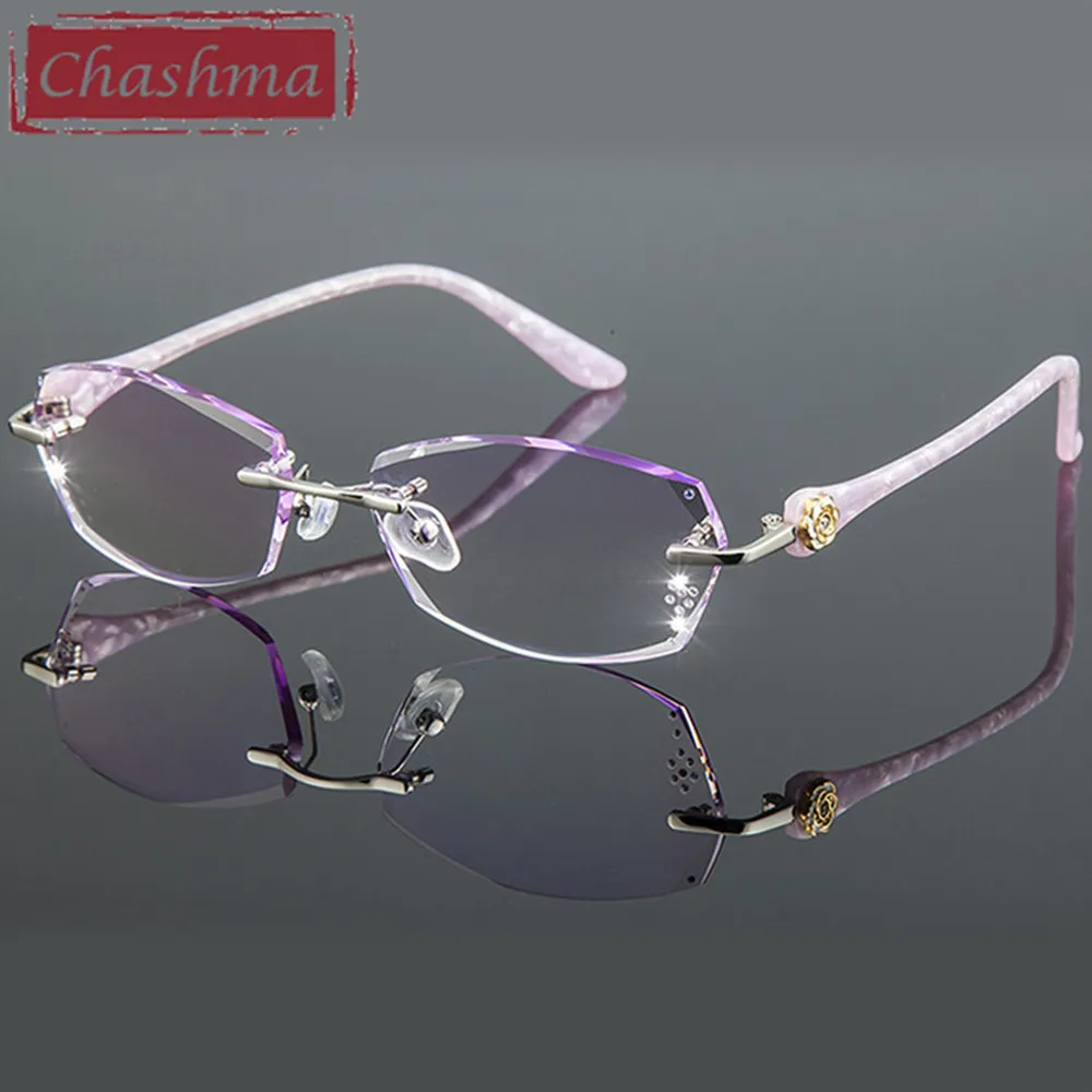 Chashma титановые Модные женские очки для глаз, алмазная оправа без оправы для очков, Женские оправы для очков, цветные линзы