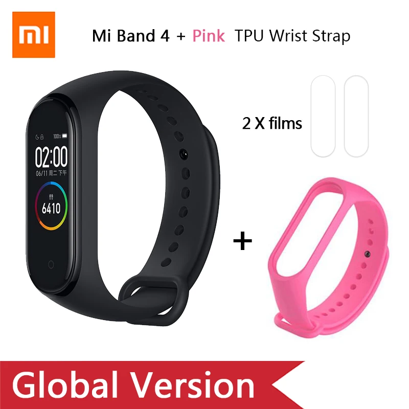 Add Pink strap Глобальная версия, Xiaomi mi-браслет 4 mi Band 4, музыкальный цветной экран, фитнес-частота сердечных сокращений, Bluetooth 5,0, умные часы, Russina - Цвет: Add Pink strap