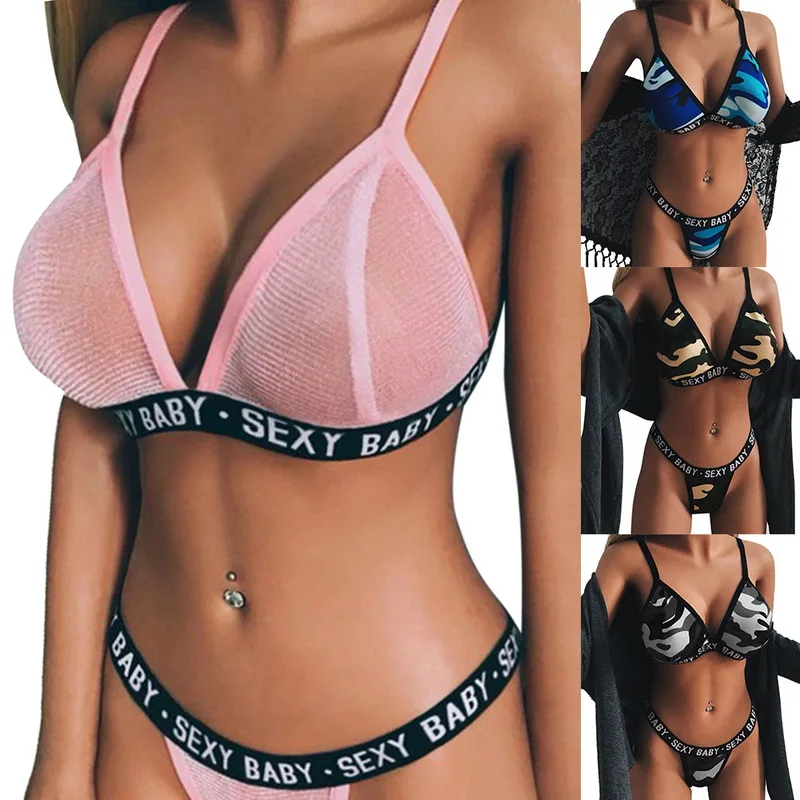 

Uefezo Women Sexy Fashion Lingerie Set Corset Bra Letter Print G String Panties Underwear Sets Sport Underwear