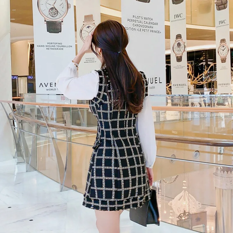 Женский твидовый комплект из 2 предметов рубашка с воротником бантом со стразами