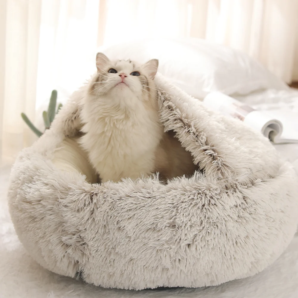 Cama de invierno para gato, coj&iacute;n largo de felpa para mascota, bolsa de dormir c&aacute;lida, cama redonda, cesta para gato, tumbona, nido para perros peque&ntilde;os, medianos y grandes-0