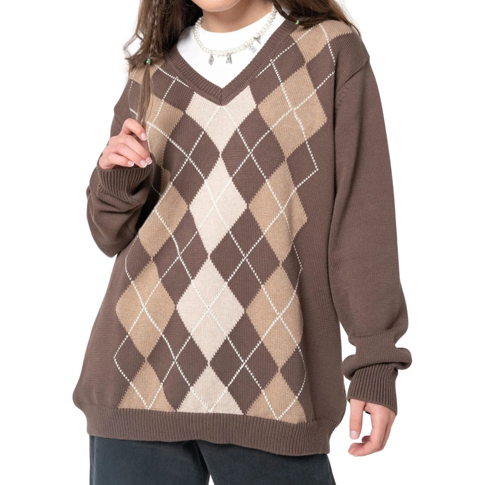 

Women Casual Argyle Plaid Sweater Pullover Long Sleeve Preppy Y2K E-Girl Autumn Winter Sweater Top