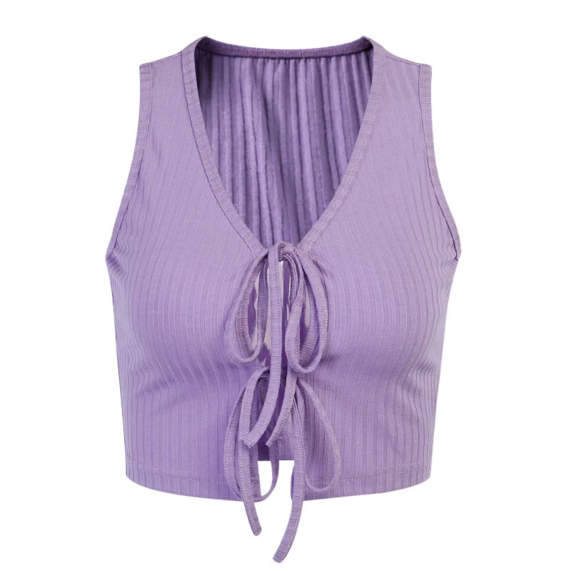

2021 Women Y2K Lace Up Cropped Top Sleeveless Summer Sexy Bandage V Neck Top Slim Elegant Casual Stretch Tank
