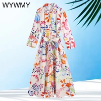 spring floral print midi dress woman chic fashion vintage three quarter sleeve button up female dresses for women 2021 with belt