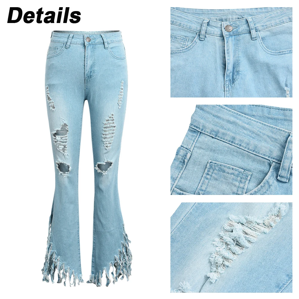 New Arrival Womens Fashion Skinny Flare Pants Hole Ripped Jeans Denim Pants Butt Lift Vintage  Bell Bottom Tassel Casual Jeans