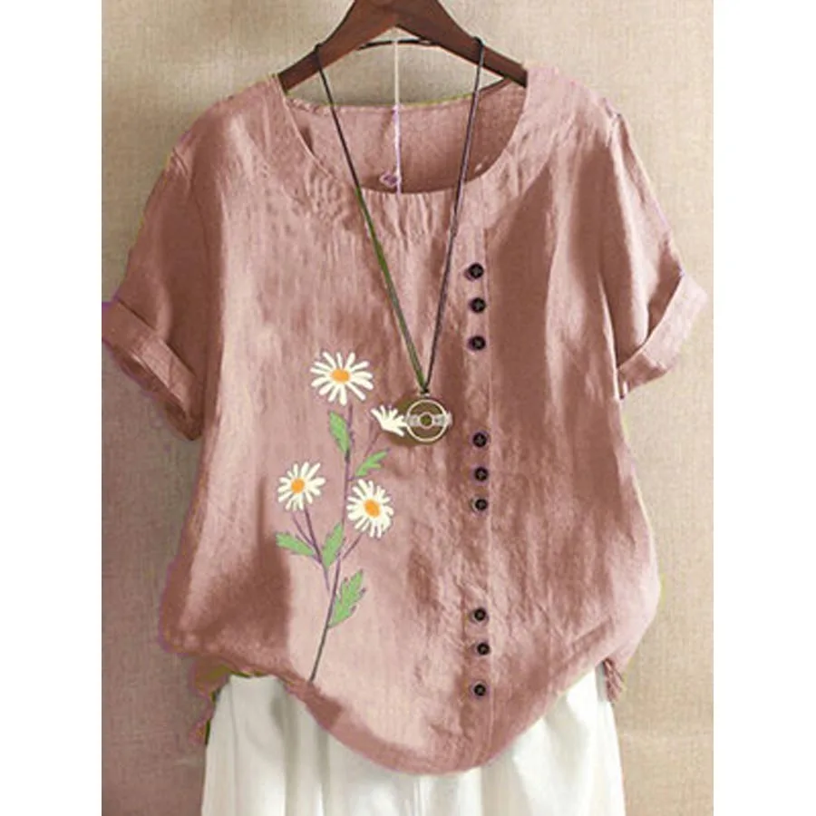 

DIOROBBEN Summer casual plus size tops loose cotton linen shirt women elegant O-Neck short sleeve floral vintage womens blouses