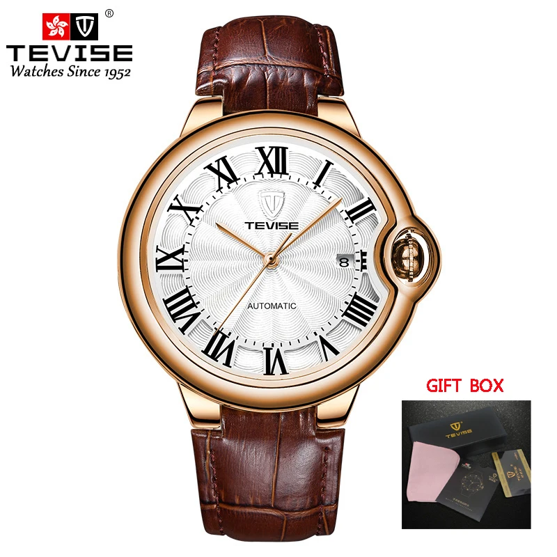 leather rose gold Tevise мужские часы автоматические механические часы лучший бренд класса люкс золотые водонепроницаемые стальные мужские наручные часы для мужчин Relogio Masculino - Цвет: leather rose gold
