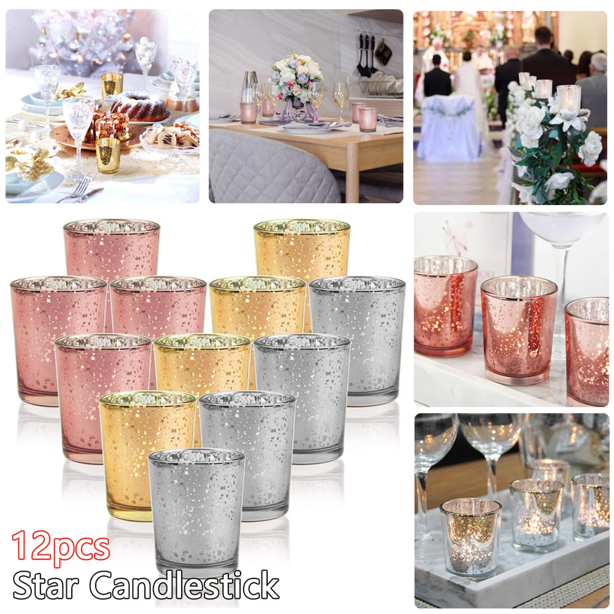 

12Pcs Votive Candle Holder Mercury Glass Tealight Candle Holder for Wedding Parties Hotel Cafe Bar Home Decoration Romantic
