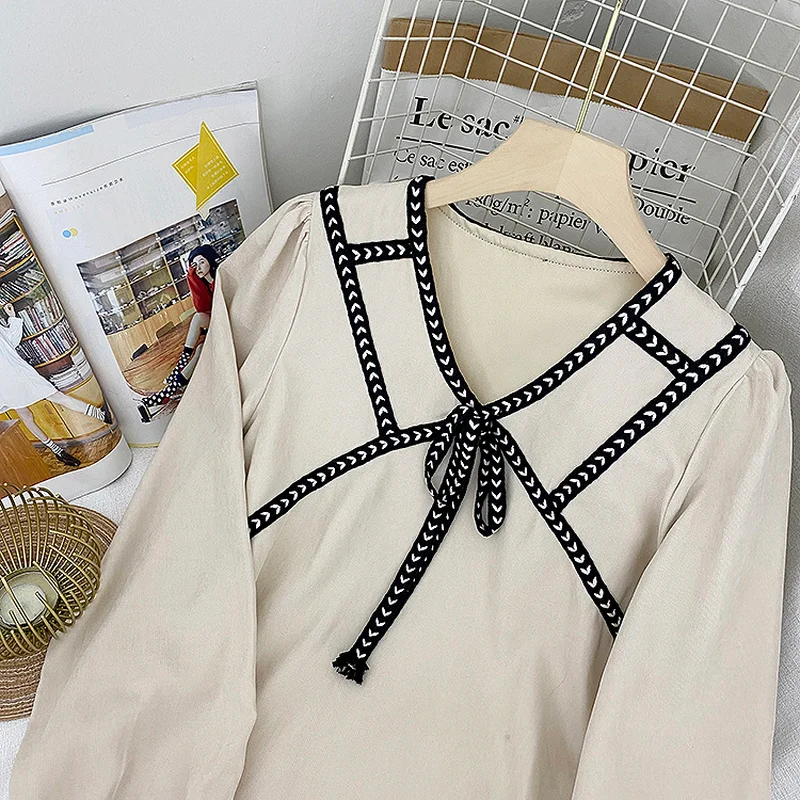 

KUSAHIKI Blouses Women Spring Summer Elegant Korean Shirts Causal Patchwork Bow Tie Tops 2021 New Blusas Mujer De Moda 6G120