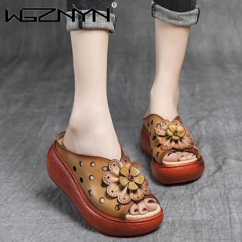 

Woman Platform Flip Flops New Summer Women Genuine PU Leather Slipper High Heel Shoes Women Retro Slippers Gladiator Sandals