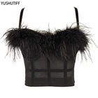 Укороченная майка с перьями, сетчатая, для ночного клуба, сценический сексуальный топ, Женский Топ, майка со встроенным бюстгальтером пуш-ап, бюстгальтер без косточек одежда