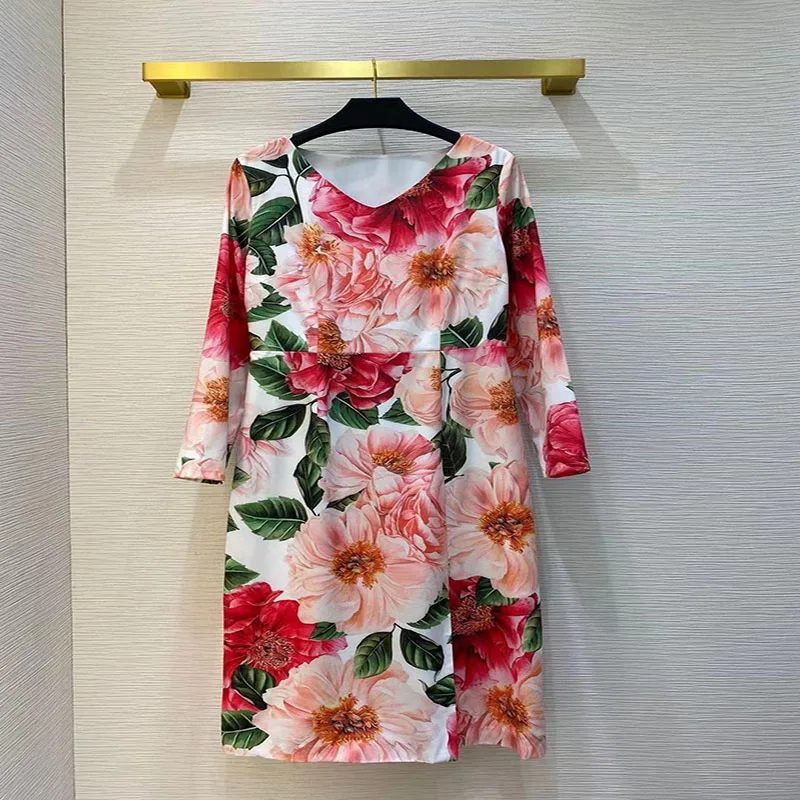 

Top Quality New Midi Dress 2021 Spring Summer Women V-Neck Runway Flowers Print Deco Long Sleeves Casual Split Dress