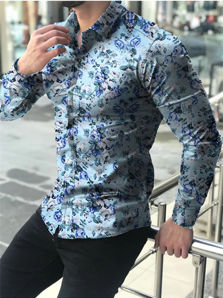 

Fashion Hawaiian Shirt Men 2020 Printed Floral Shirts Long Sleeve Slim Casual Blouse Lapels Collar Chemise Homme Asian Size Tops