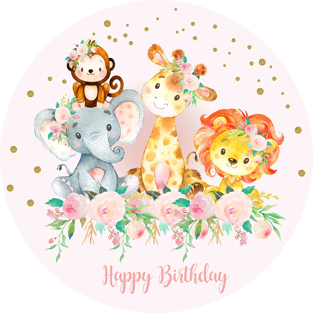 

Round circle background watercolor Jungle animals backdrop baby shower kid happy birthday Party table Covers decoration YY-540