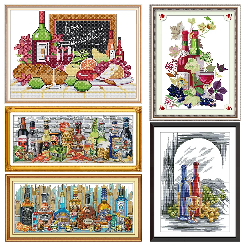 

Joy Sunday Stamped Cross Stitch Kit Life In Wine Glass Patterns 14CT 11CT Counted Handmade Embroidery Needlework Accessories Set
