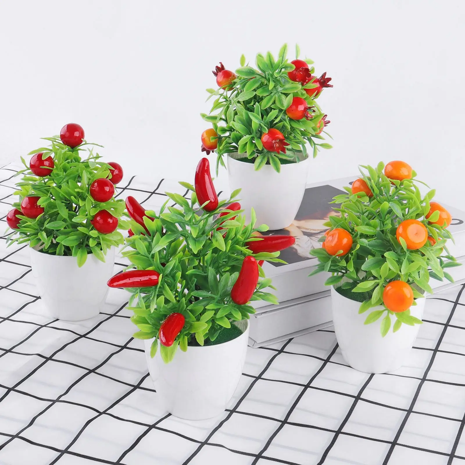 

Mini Bonsai Artificial Plants Orange Pomegranate Fruit Chili Plastic Tree Desk Decor Fake Plants Pot For Home Office Decoration