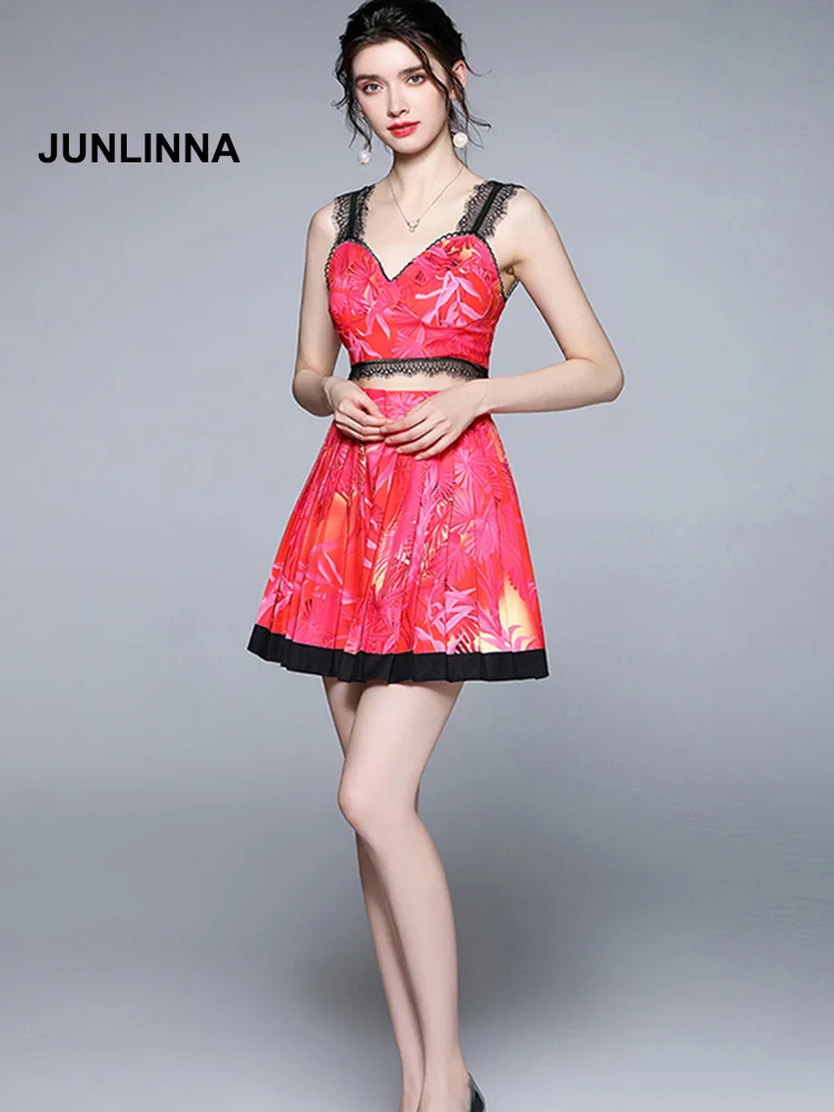 

Women's Two Piece Dress 2021 Summer New Lady Two Piece Sets Printing Lace Panelled Beach Holiday Wear Set