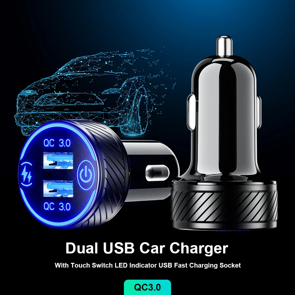 

Dual USB Car Charger for QC3.0 with Touch Switch LED Indicator USB Fast Charging Socket Power Outlet for Mobile Phone Black