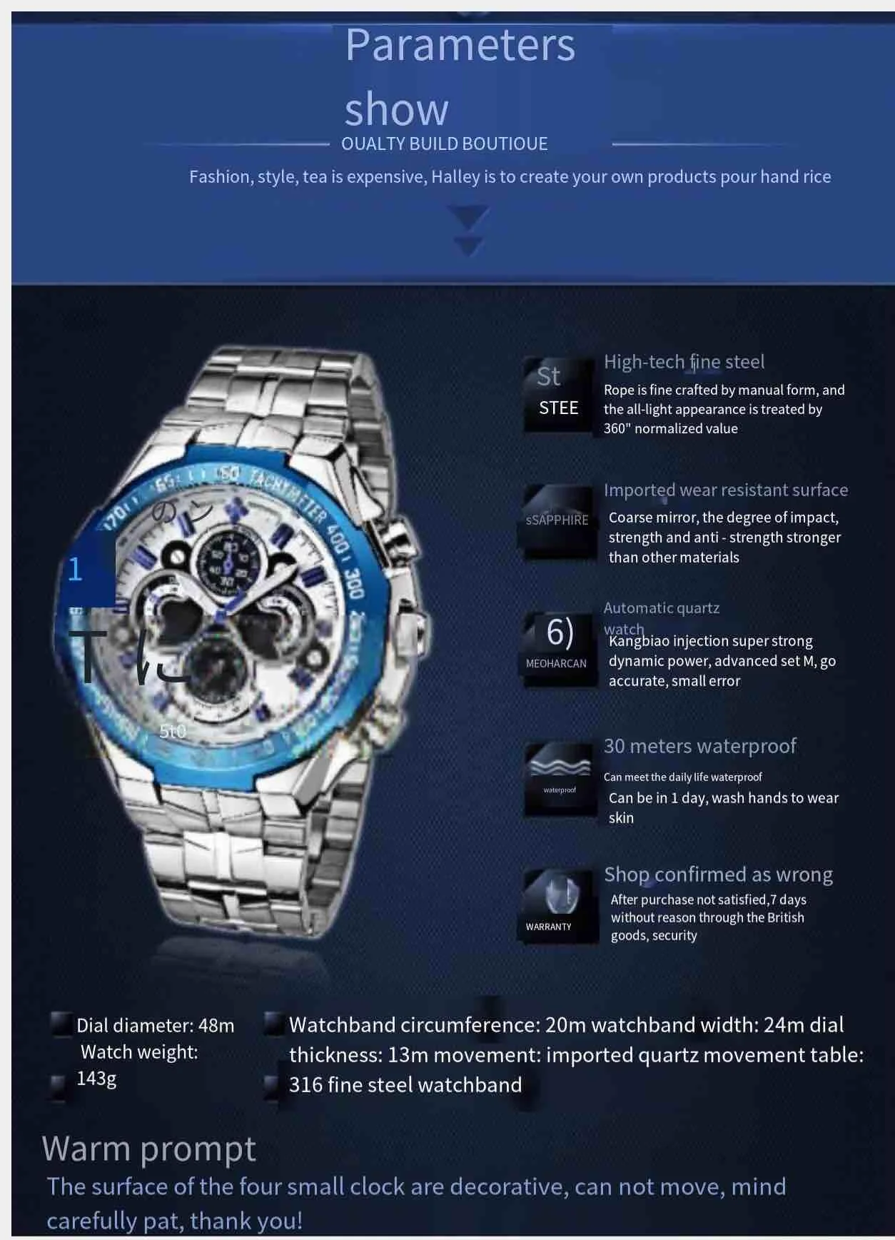 

Steel belt luminous quartz watch business casual sports men's watch calendar waterproof stone fashion fake three-eye clock