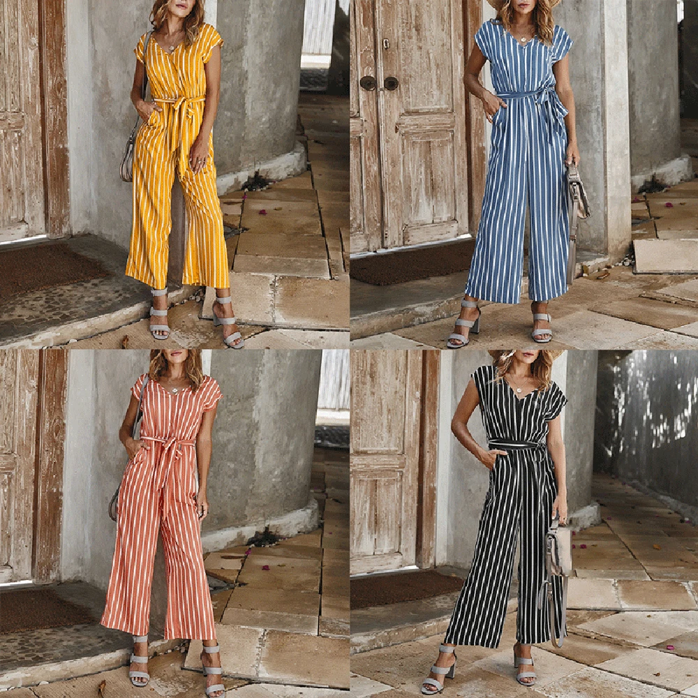Женский Повседневный Свободный комбинезон в полоску с v образным вырезом и