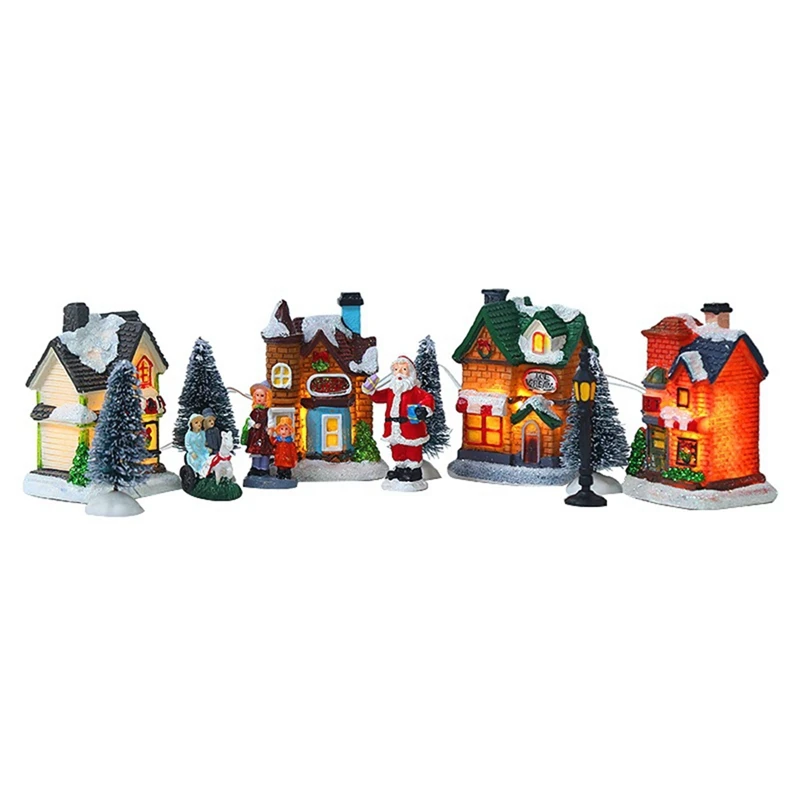 

10Pcs Christmas Santa Claus Snow House Tiny Scene Sets Luminous LED Light Up Xmas Tree Shop Village Decor Figurines