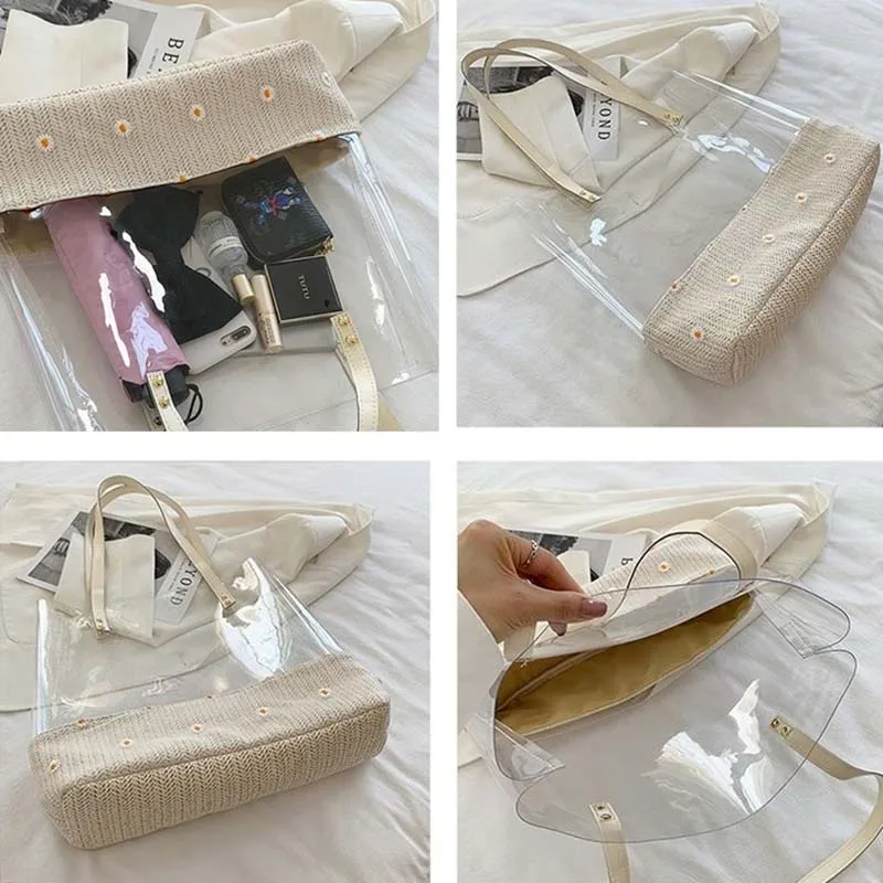 

Patchwork PVC Summer Transparent Bags Women Underarm Large Capacity Floral Woven Bucket Bag Shopping Daily Ulzzang One-shoulder