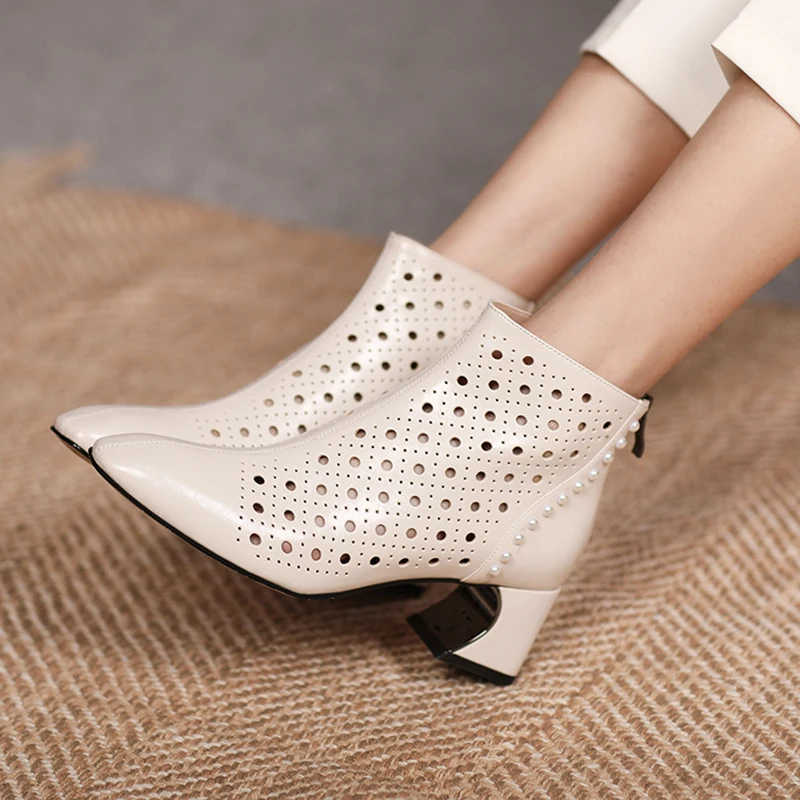 

Genuine Leather Summer Ankle Boots Zip Cutout Hollow Out Square Low Heel Breathable High Heel Boots Women Shoes Shoe for Women