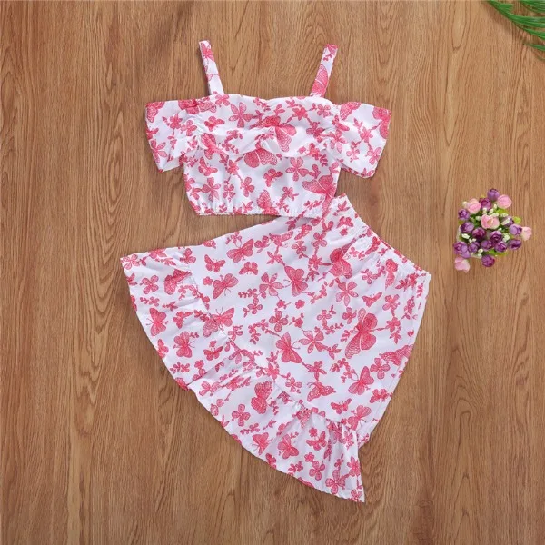 Pudcoco Baby Girl Holiday Casual Clothes Set Off Shoulder Sling Top Ruffle Swing Skirts Printing 2pcs Outfits Kids Children 2-7y | Мать и