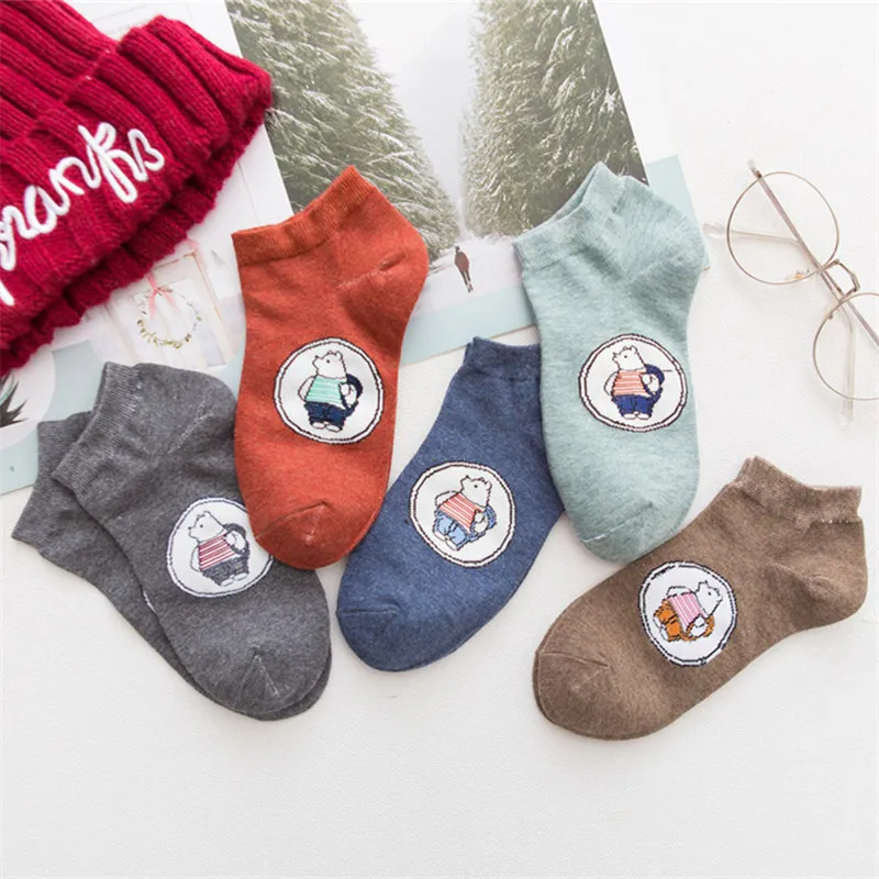 11-5Pairs 5 пар, женские хлопковые носки с рисунками животных, розовые милые короткие носки с котом, короткие носки, повседневные носки с ушками животных и красными сердечками для девочек, Размеры 35-40 - Цвет: 11-5Pairs