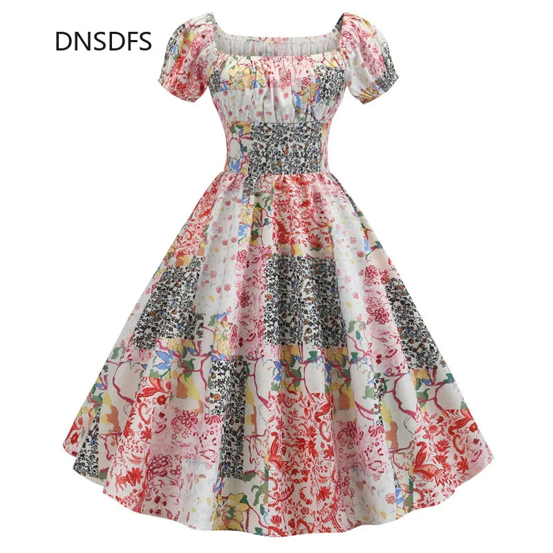 Summer 50S 60S Hepburn Celebrity Midi Dress Vintage Square Neck Floral Print Women White Blue Big Swing Slim Party Dresses | Женская