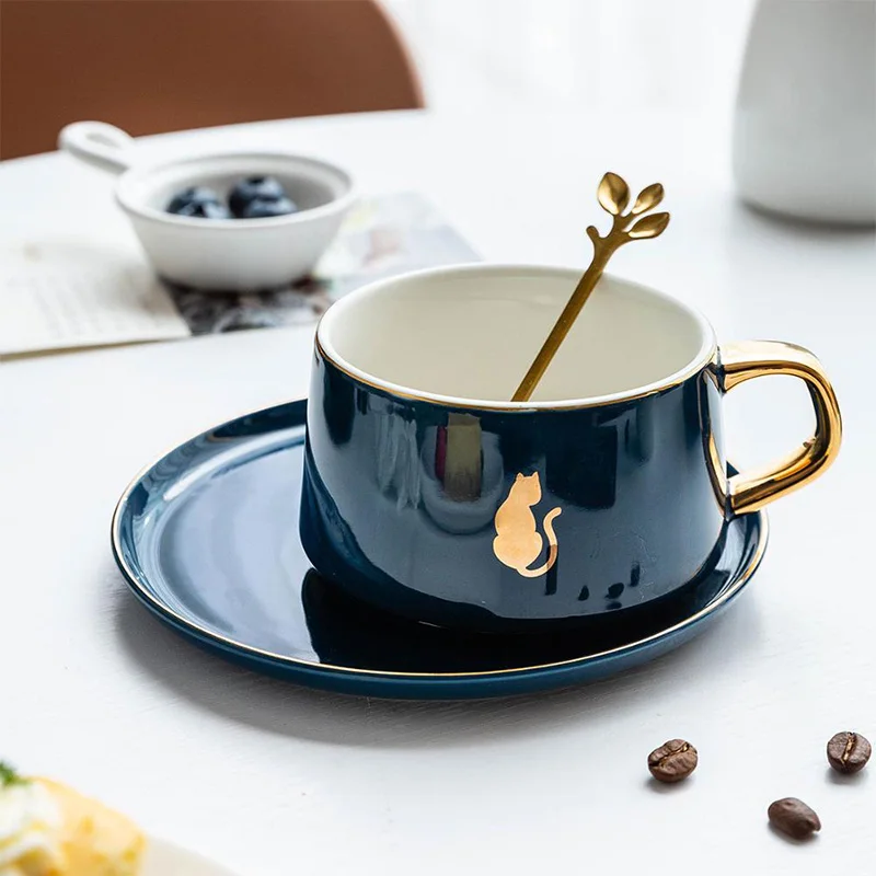 

MDZF SWEETHOME 225ml Nordic Style Animal Coffee Cup With Dish Spoon Gold Handle Breakfast Milk Juice Mug Gift For Birthday
