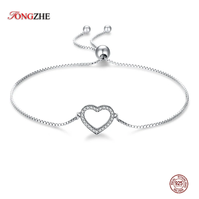 TONGZHE, женские браслеты в форме сердца,, 925, серебряные, с бусинами, для изготовления хрустального камня, теннисная цепочка, регулируемые Свадебные ювелирные изделия