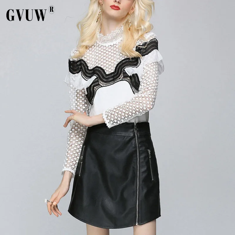 

GVUW Fashion Lace Hollow Out Perspective Long Sleeve Shirt Stand Collar Ruffle Slim Ol Top Elegant Blouses For Women 2021 AI1605