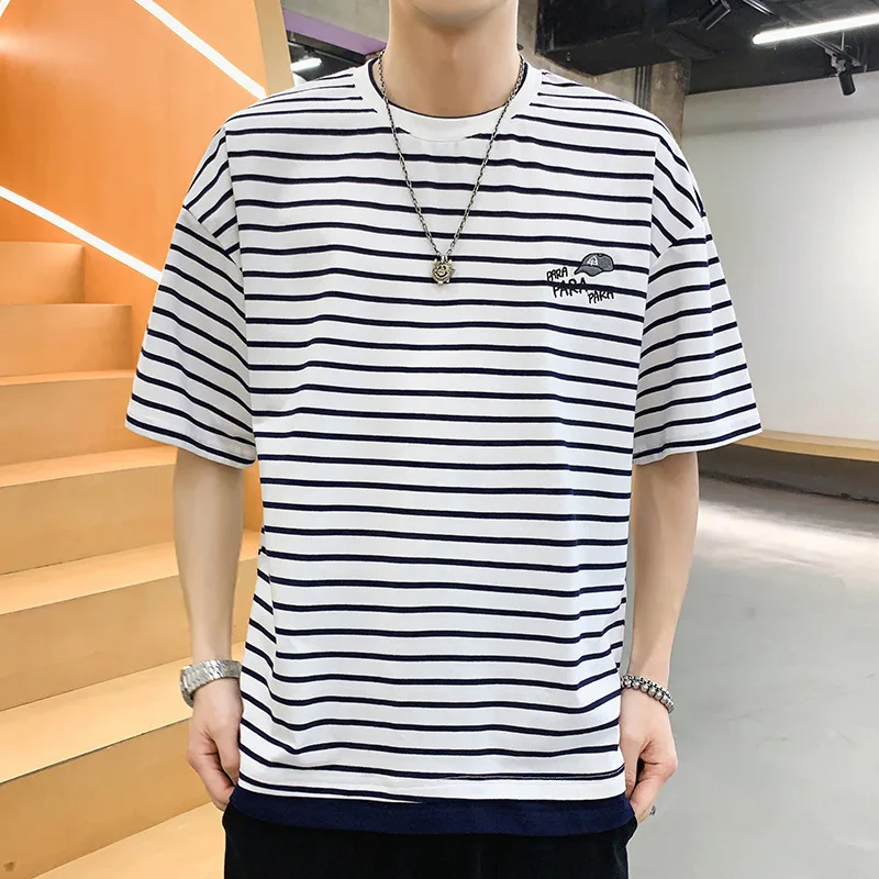 

Short sleeve men's 2021 stripe youth collarless t-shirt men's stripe short sleeve casual summer T-shirt vest adult men's wear