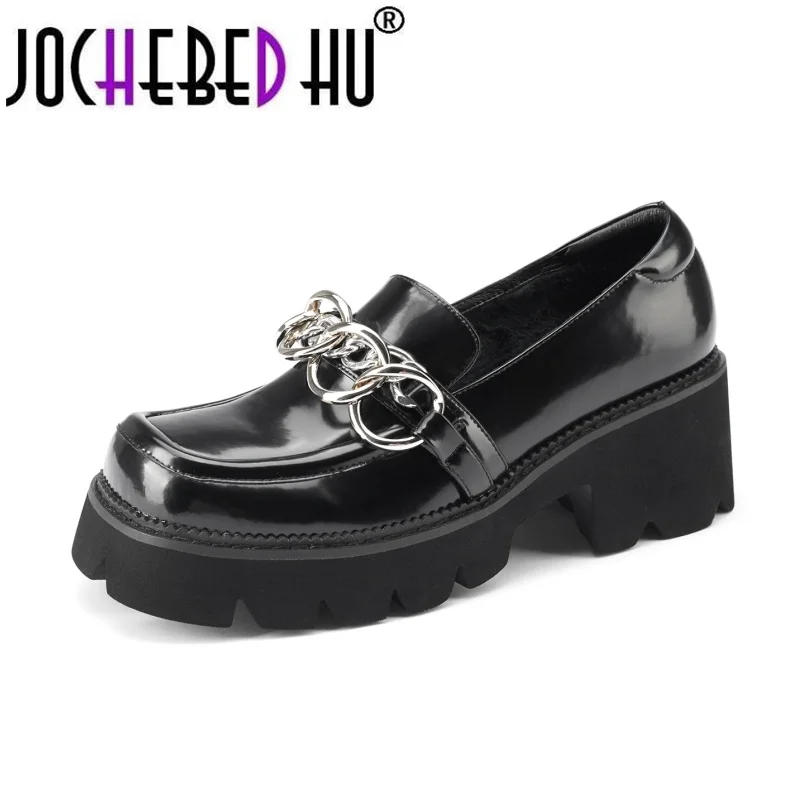 

【JOCHEBED HU】2021 Platform Spring Autumn Casual Round Toe Female Pumps Genuine Leather Fashion Square High Heel Women Shoes Size