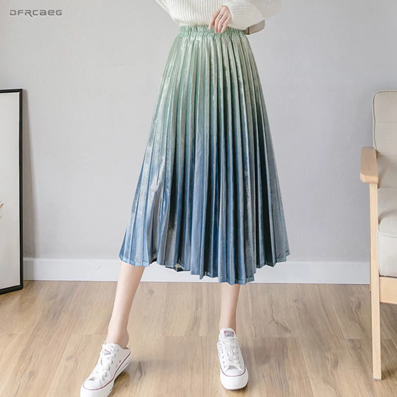 Юбка женская плиссированная длинная бархатная Повседневная с высокой талией