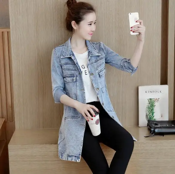 Сезон осень-зима джинсовая куртка Для женщин тонкий длинный база необработанные