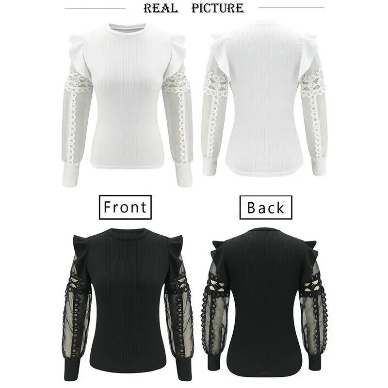 

2020 Fashion Womens Sexy Lady Solid Mesh Spliced Crop Top Ladies Long Sleeve Crew Neck T Shirt