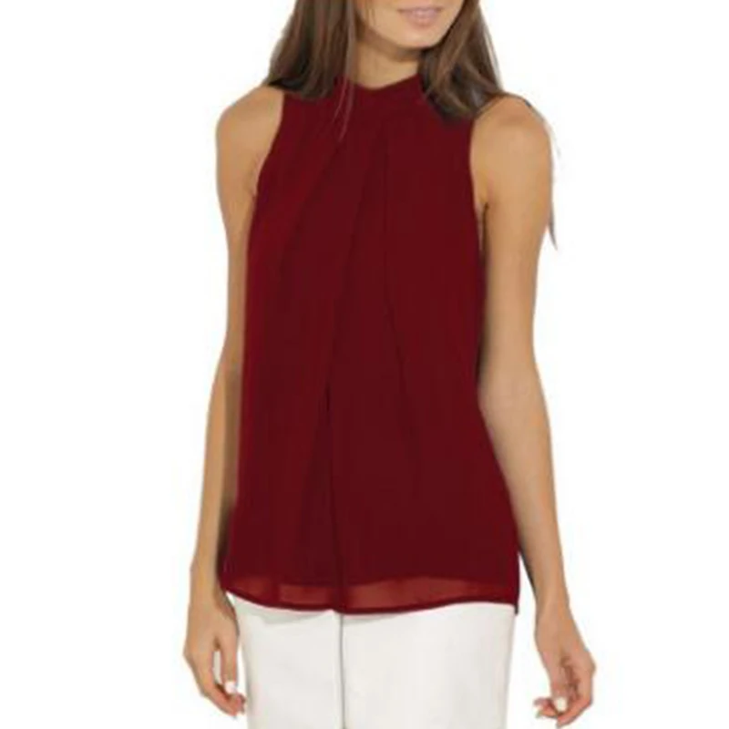 

2021 Summer Top Womens Sleeveless Tank Top Chiffon Hanging Neck Women Regular Fit Wear Solid Color T-shirt Multicolor select