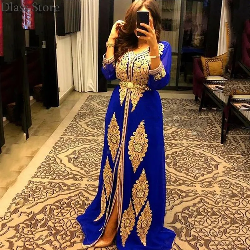 

2020 Royal Blue Evening Dress A-line Satin Floor Length Applique Gold Long Sleeves V-neck Muslim Prom Dress вечернее платье