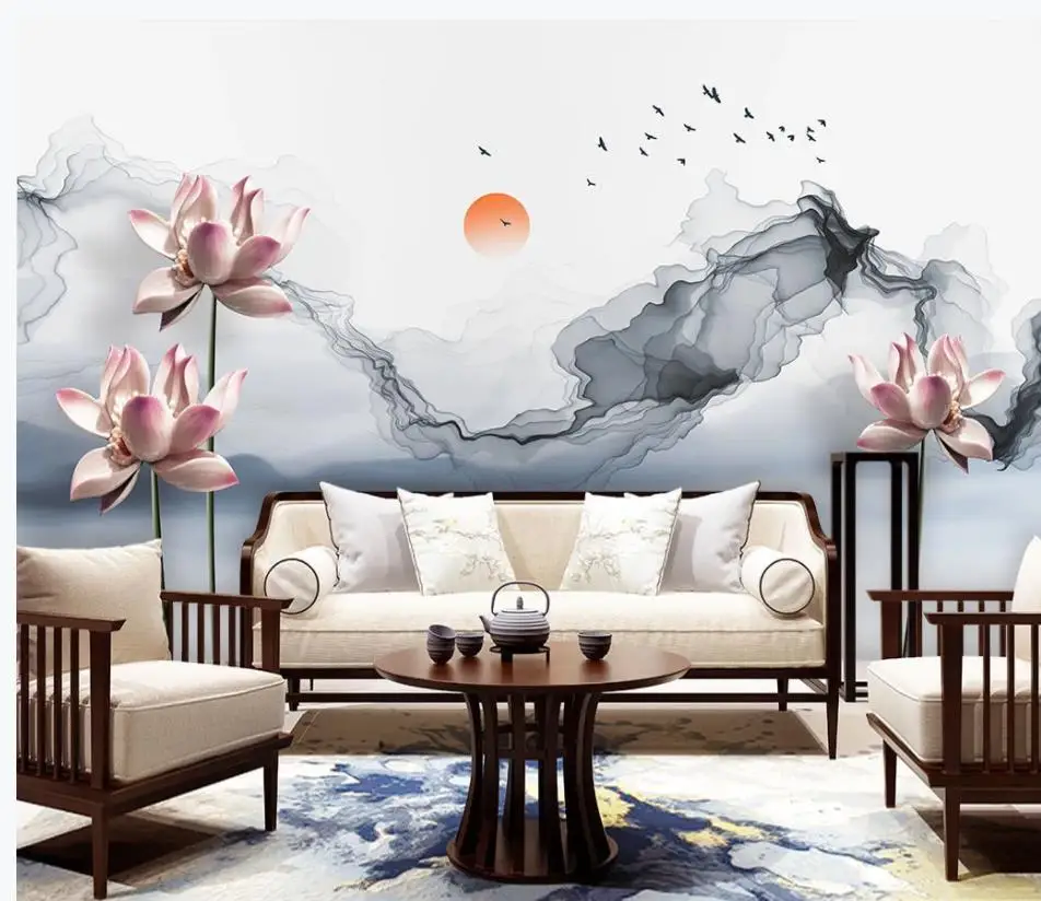 wallpaper for walls 3 d living room Chinese style landscape lotus art background wall | Обустройство дома