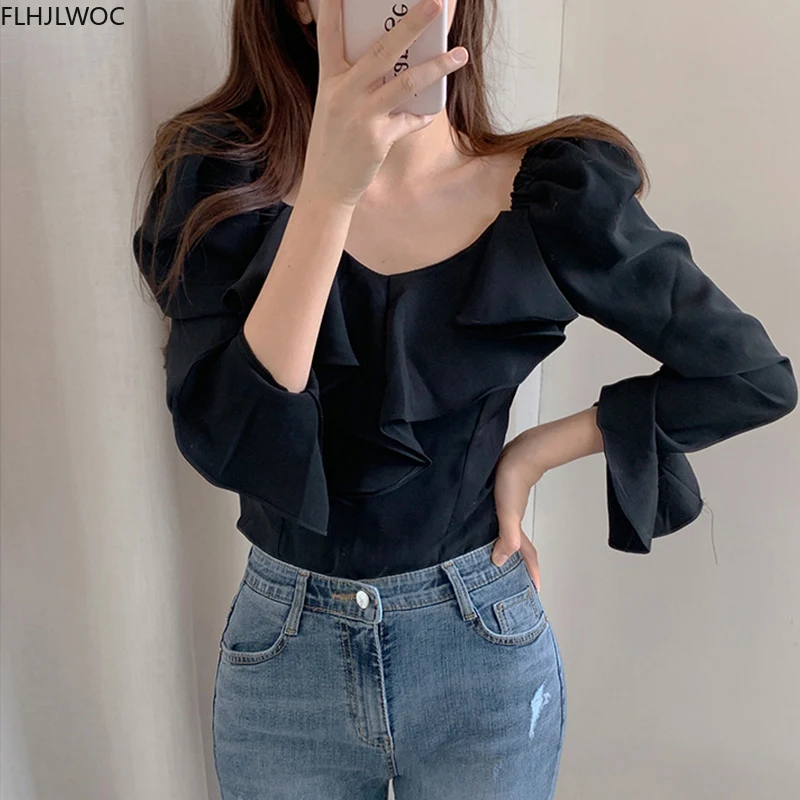 Блузка женская с оборками базовая одежда шикарная модная рубашка расклешенными