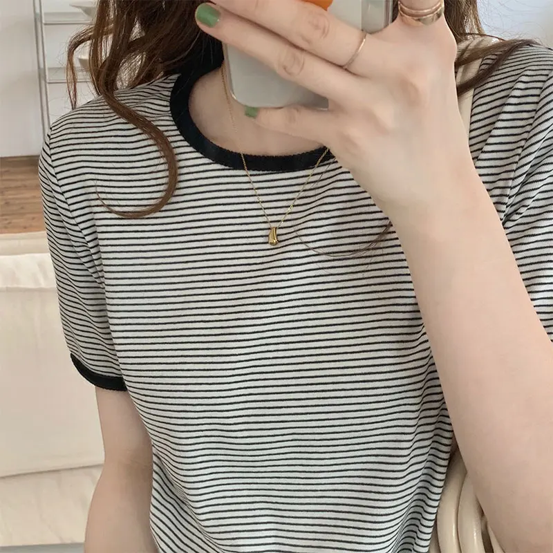 

Women All-match Basic Knitted O-neck Tops Korean Female Striped Short Sleeve T-shirts Girlish Style Casual Slim Tshirts Summer