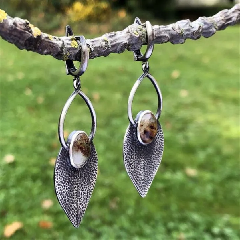 

Geometric Hollow Triangle Dangle Earrings with Round Amber Gift Jewelry Stone Ethnic Style Women's 2*4.5cm Moonstone KL39FI-3F