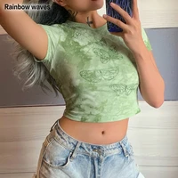 rainbowwaves woman tshirt tie dye butterfly green crop top aesthetic short sleeve female harajuku cute tees summer retro