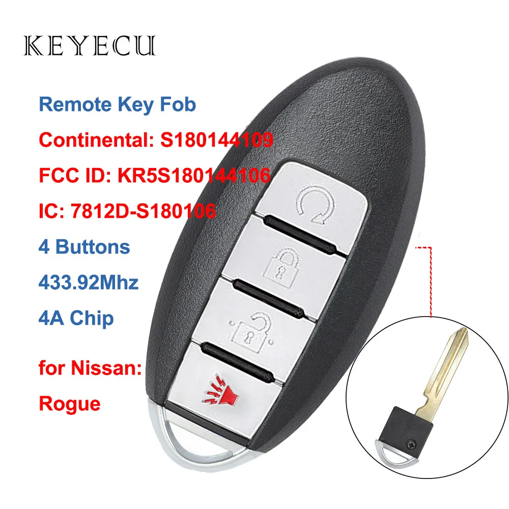 Keyecu S180144109 дистанционный ключ-брелок от машины 4 кнопки 433 92 МГц 4A для Nissan Rogue 2017 2018