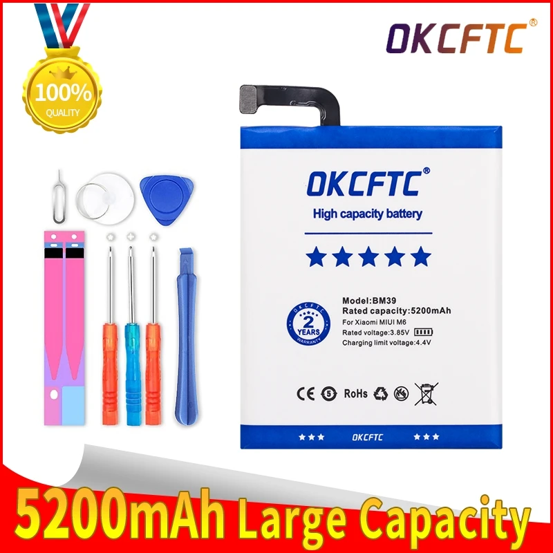 

OKCFTC Original Phone Battery BM39 For Xiaomi Mi 6 Mi6 5200mAh High Capacity Replacement Battery Free Tools Retail Package
